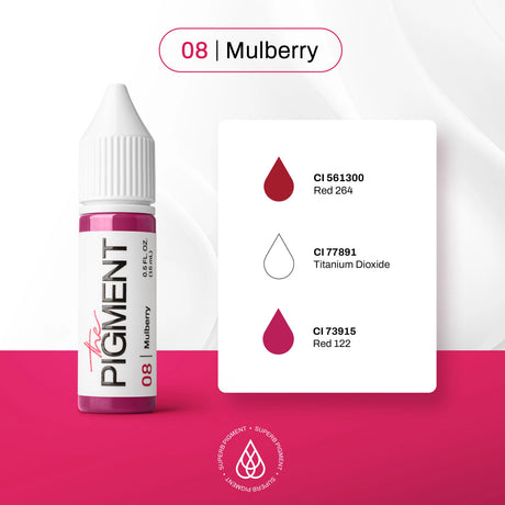 The Pigment 08 Mulberry pigment in a 15ml bottle, showing deep purple liquid with a black cap on a white background.