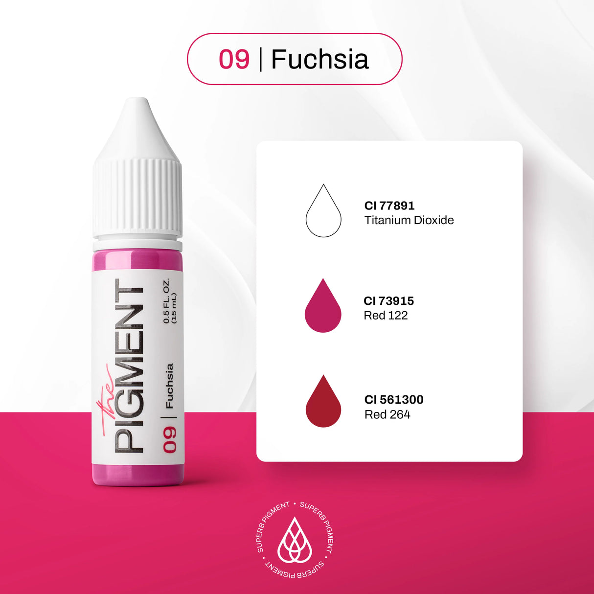 Fuchsia pigment bottle from The Pigment, 15ml size, with vibrant pink color and clear label on black background.