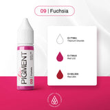 Fuchsia pigment bottle from The Pigment, 15ml size, with vibrant pink color and clear label on black background.