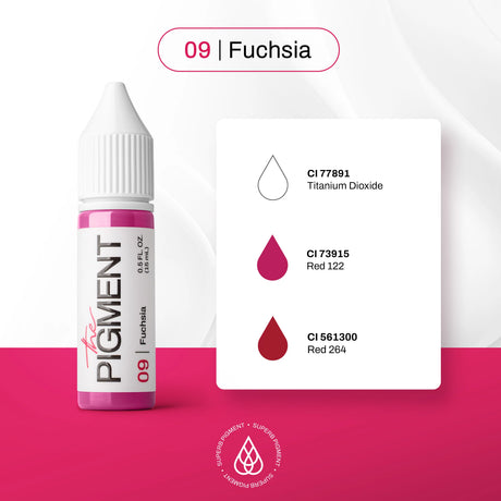 Fuchsia pigment bottle from The Pigment, 15ml size, with vibrant pink color and clear label on black background.