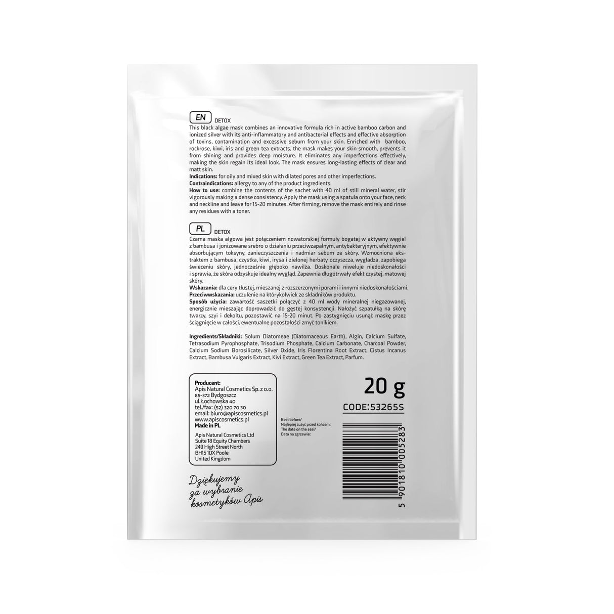 APIS Detox 20g algae mask with bamboo charcoal and ionized silver