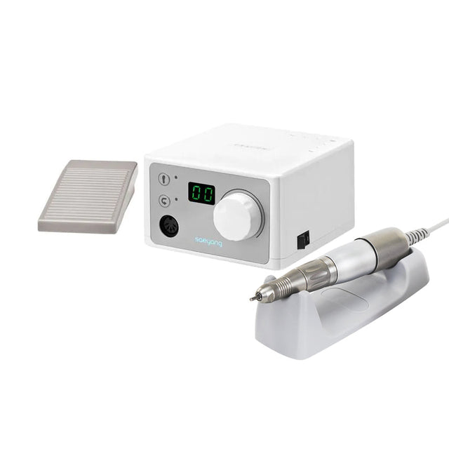 SAEYANG Marathon K35 Crafien white nail drill machine with SH30N handpiece, featuring a sleek design and professional manicure tools.
