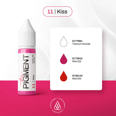 The Pigment 11 Kiss Pigment in a 15ml bottle, featuring vibrant pink ink with a sleek black cap and label.