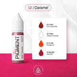 The Pigment 12 Caramel pigment in a 15ml bottle, showcasing a rich caramel-colored liquid suitable for artistic and cosmetic use.