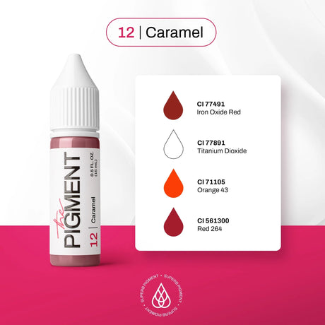 The Pigment 12 Caramel pigment in a 15ml bottle, showcasing a rich caramel-colored liquid suitable for artistic and cosmetic use.