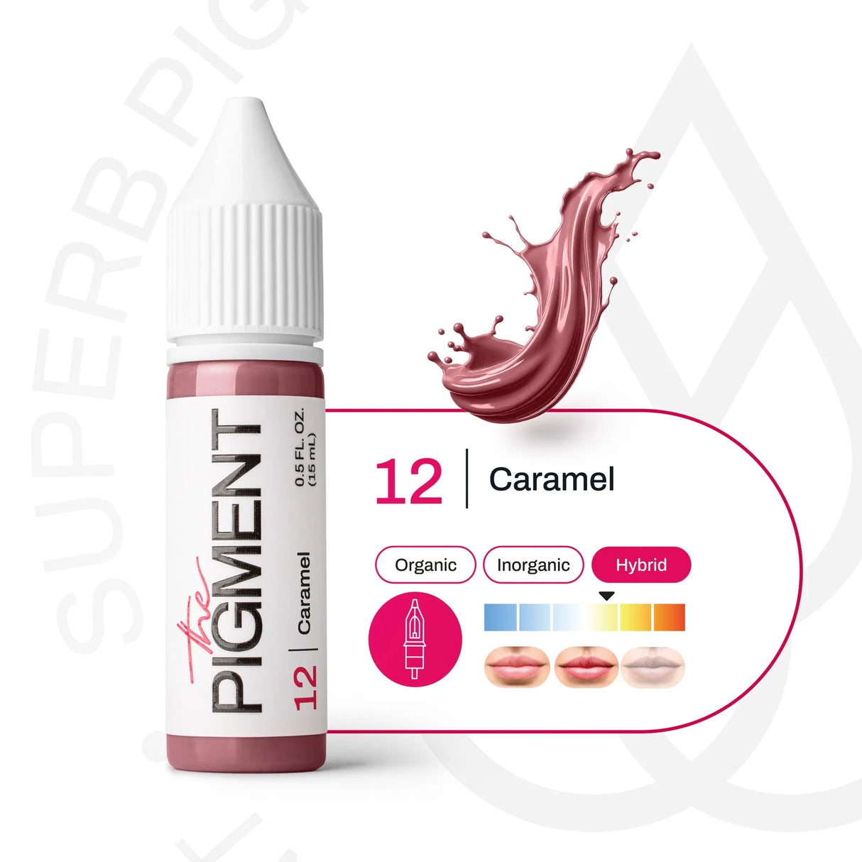 The Pigment 12 Caramel Pigment in a 15ml bottle, showing rich caramel-colored pigment fluid inside a clear container.