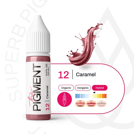 The Pigment 12 Caramel Pigment in a 15ml bottle, showing rich caramel-colored pigment fluid inside a clear container.