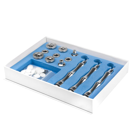 ELEGANTE Elegant device 878 3-in-1 micro, vacuum, ultrasounds, and spray for skincare treatment, shown with attachments.
