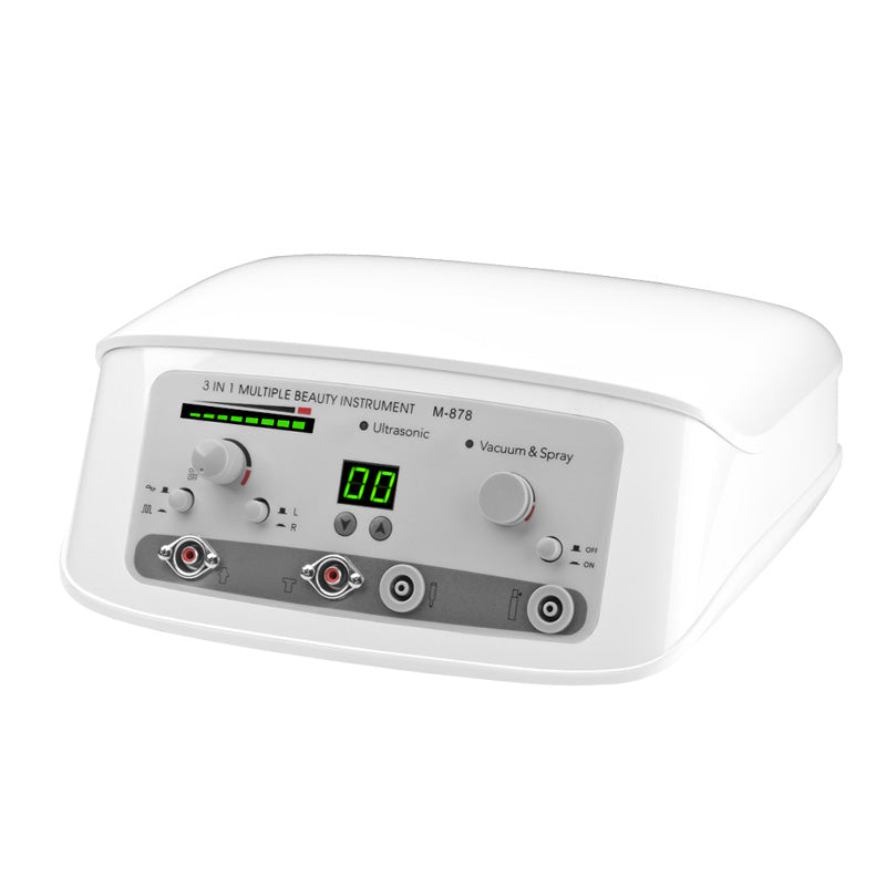 Elegant ELEGANTE 878 3-in-1 device with microcurrent, vacuum, ultrasound, and spray functions, shown with attachments and controls.
