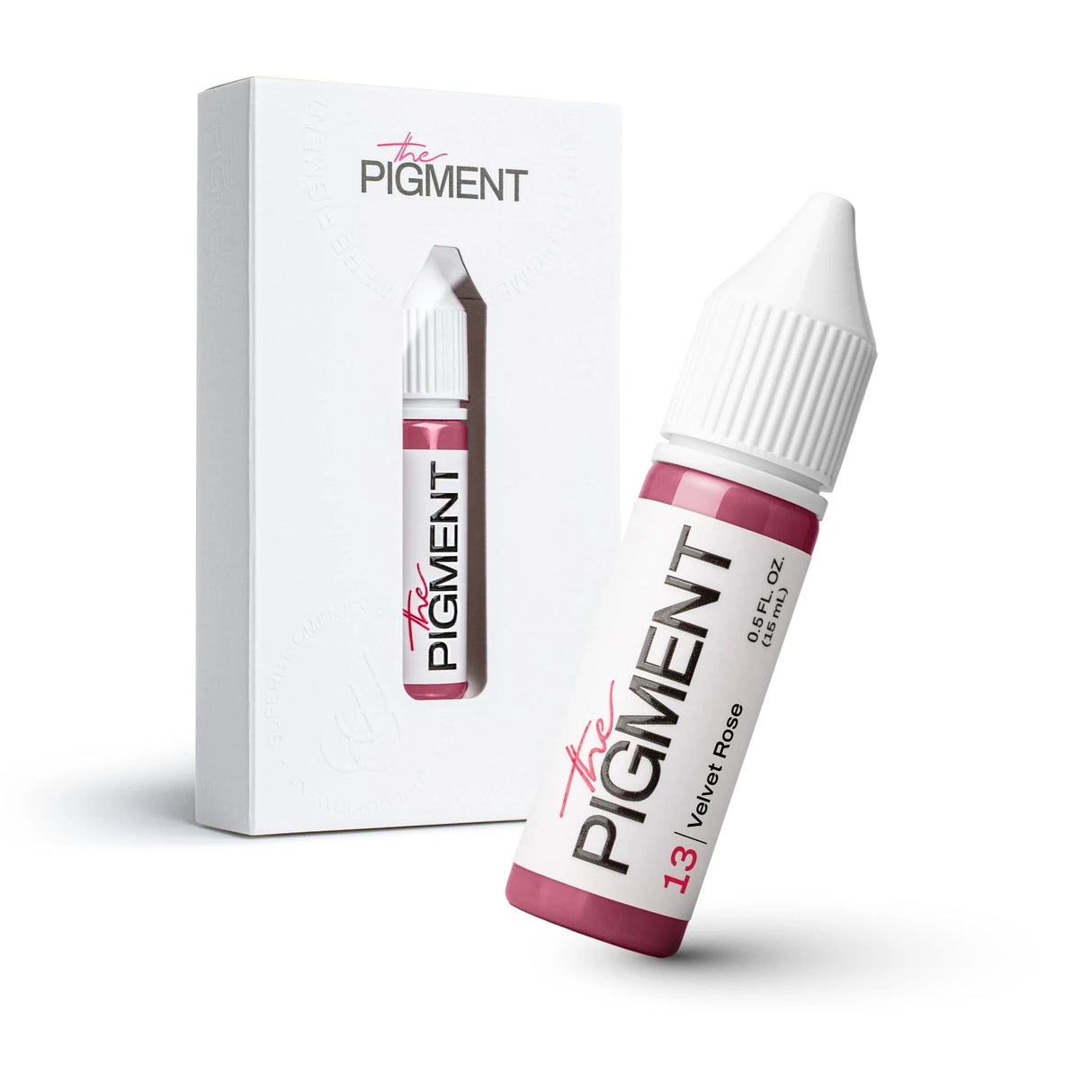 The Pigment 13 Velvet Rose pigment in a 15ml jar, showcasing a rich, velvety rose-colored cosmetic pigment.