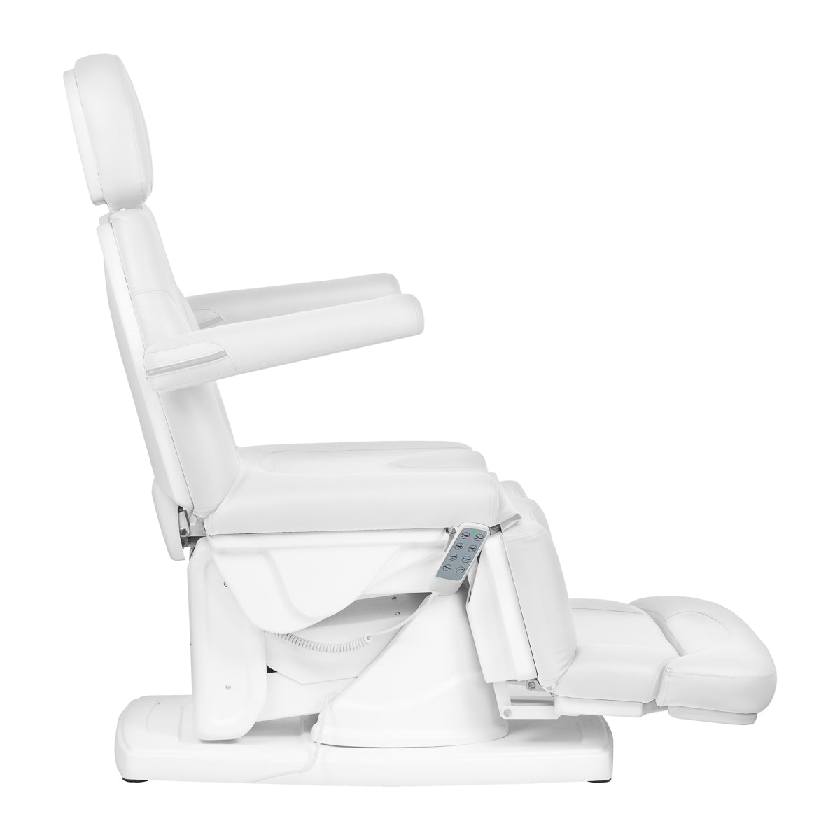White Kate electric podiatry chair with 4 actuators, designed for beauty salons, featuring adjustable positioning and modern style.
