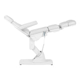Kate electric podiatry chair in white with 4 actuators, designed for beauty salon use, featuring adjustable seating and footrest.