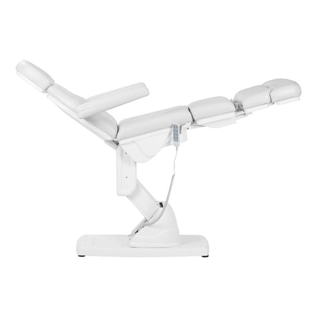 Kate electric podiatry chair in white with 4 actuators, designed for beauty salon use, featuring adjustable seating and footrest.