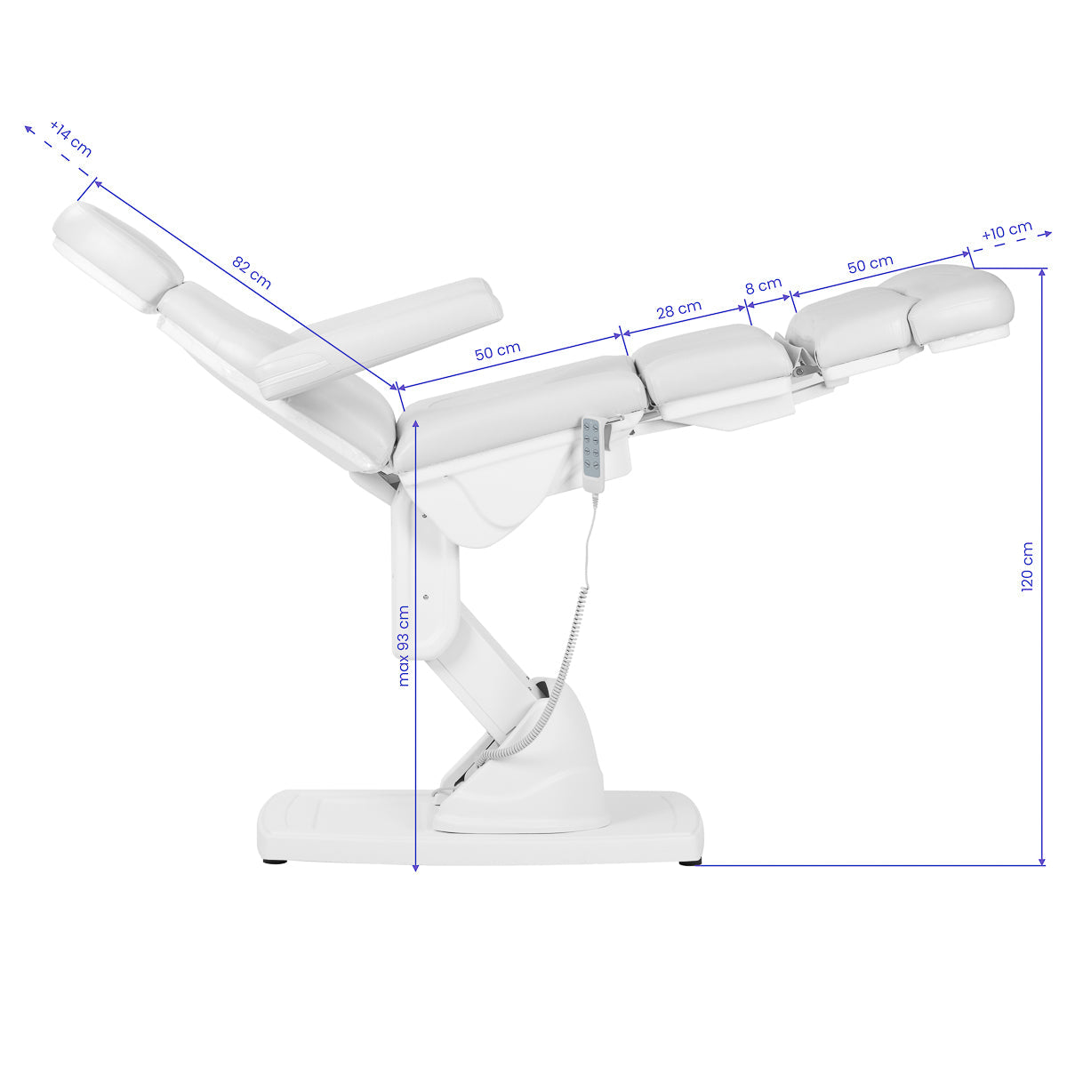Kate electric podiatry chair by ACTIVESHOP in white with four actuators, designed for beauty salon foot treatments.