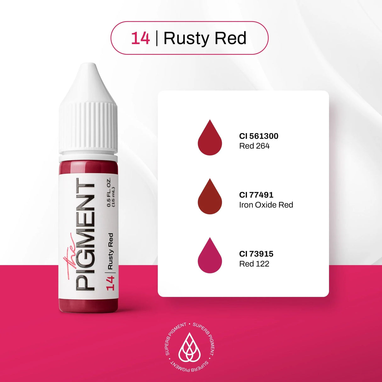 14ml bottle of The Pigment Rusty Red Pigment with a vibrant rusty red color in a clear glass container.