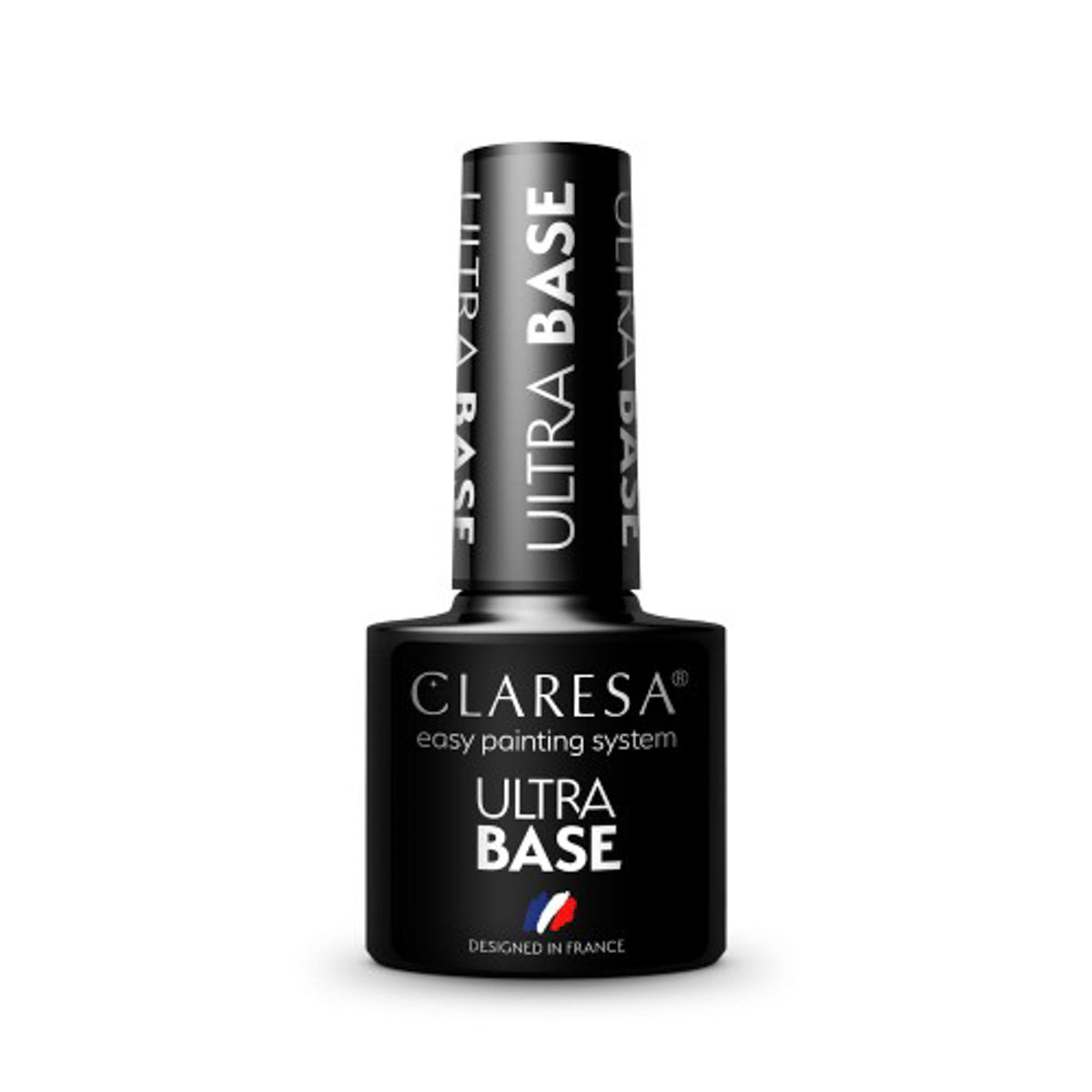 Close-up of CLARESA BASE ULTRA 5g container with its label showing, placed on a neutral background.