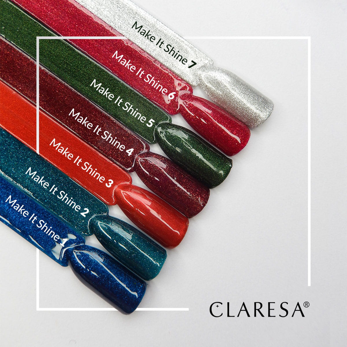 CLARESA Hybrid Nail Polish Make It Shine! 2-5g bottle with vibrant glossy finish and colorful nail polish in a sleek bottle