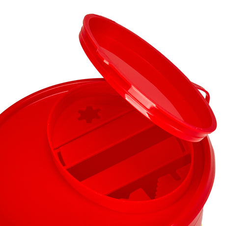 Red 2L medical waste container from ACTIVESHOP, with secure lid and clear labeling for safe biomedical waste disposal.