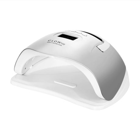 GLOW UV LED Glow F2 SP 220W lamp emitting purple ultraviolet light, with a sleek black design for nail and UV curing applications.