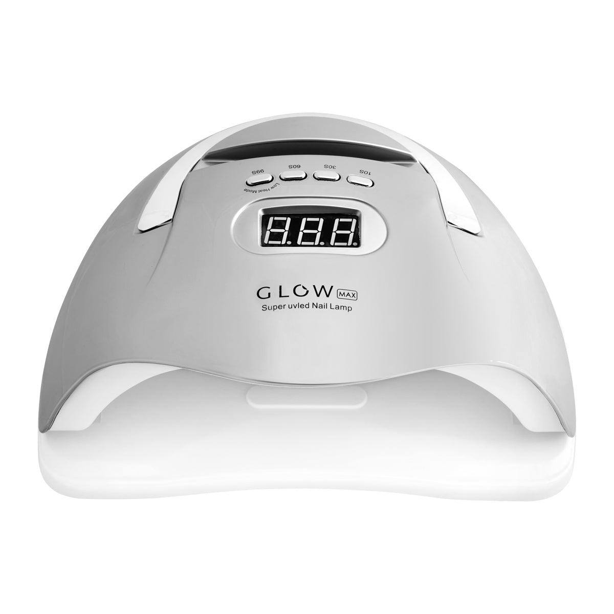 GLOW UV LED Glow F2 SP 220W lamp emitting purple UV light, with a sleek black casing and multiple LED bulbs visible.
