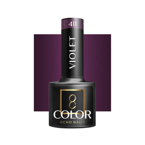 OCHO NAILS Hybrid nail polish violet 411 in a 5g bottle, with a glossy finish and vibrant purple color.
