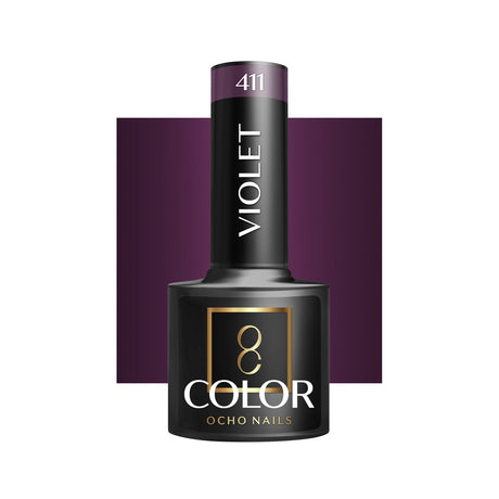 OCHO NAILS Hybrid nail polish violet 411 in a 5g bottle, with a glossy finish and vibrant purple color.