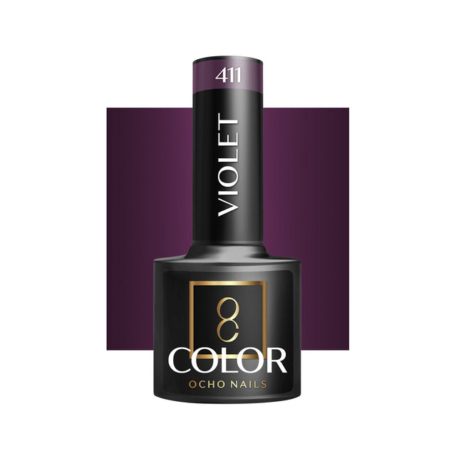 OCHO NAILS Hybrid nail polish violet 411 in a 5g bottle, with a glossy finish and vibrant purple color.