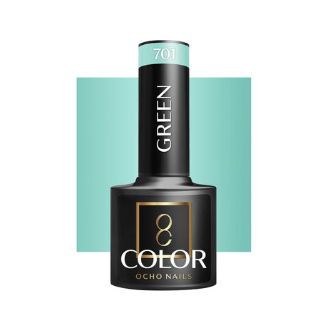 OCHO NAILS Hybrid nail polish in green color 701, 5g bottle, with a glossy finish and smooth application.