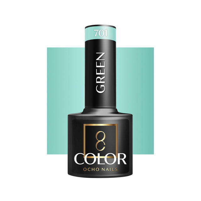 OCHO NAILS Hybrid nail polish in green color 701, 5g bottle, with a glossy finish and smooth application.