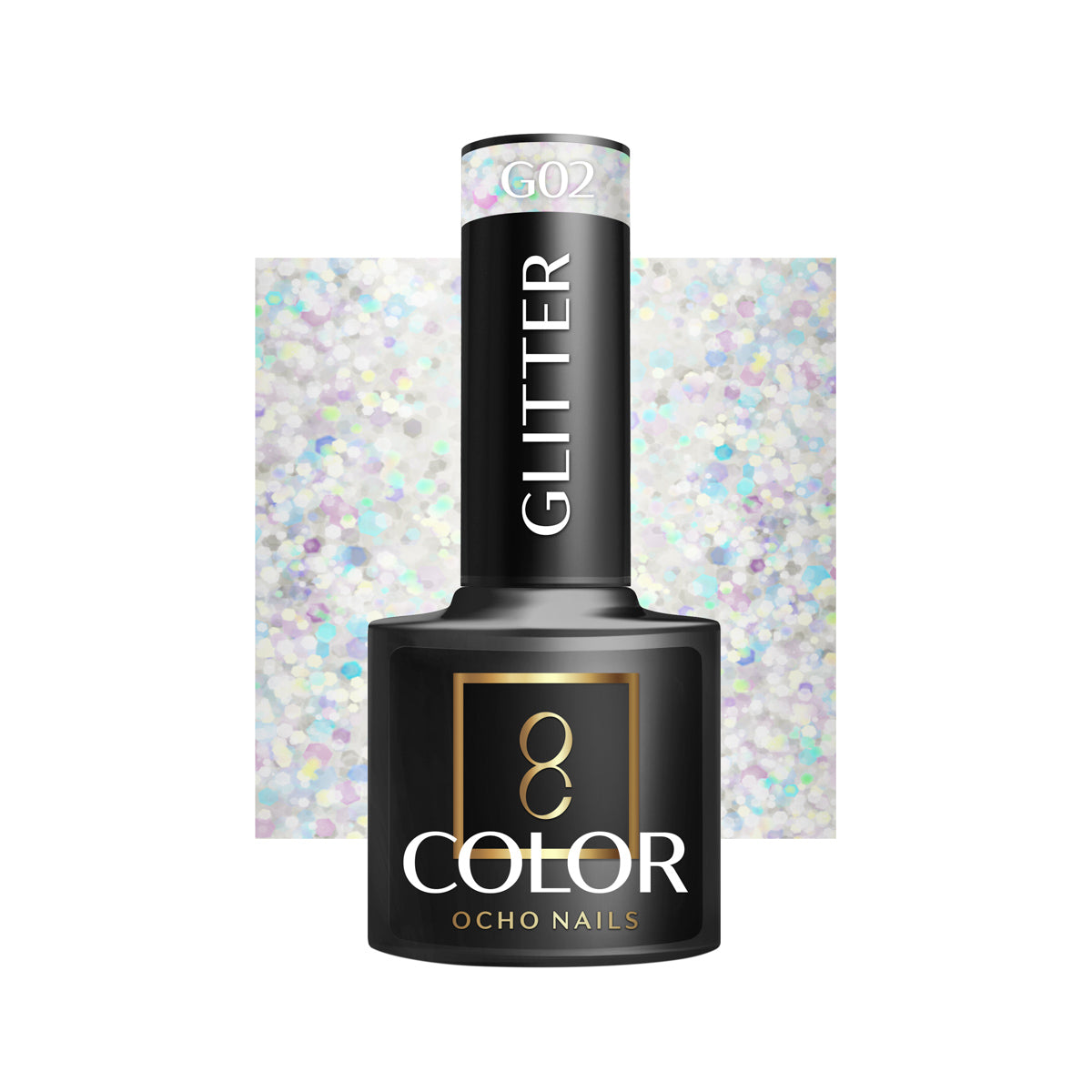 OCHO NAILS Hybrid nail polish glitter G02 in a 5g bottle, featuring sparkling mixed glitter particles for a glamorous manicure.