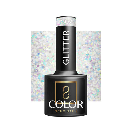OCHO NAILS Hybrid nail polish glitter G02 in a 5g bottle, featuring sparkling mixed glitter particles for a glamorous manicure.