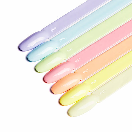 OCHO NAILS Hybrid Nail Polish Pastels P01 in 5g with soft pastel shades and smooth finish, displayed in a clear bottle.