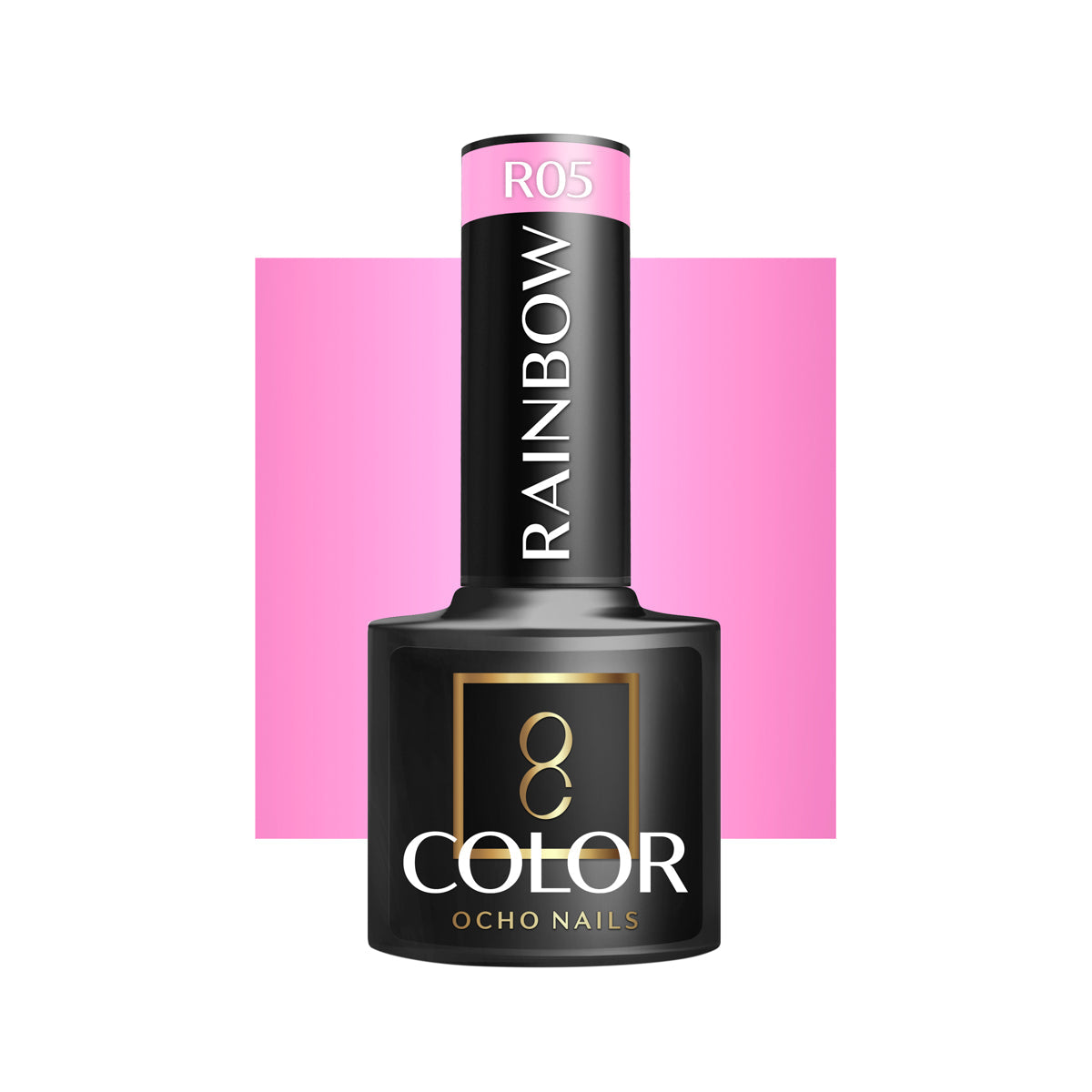 OCHO NAILS Hybrid nail polish in rainbow R05, 5g, showing vibrant multicolor nail polish in a sleek bottle.