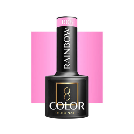 OCHO NAILS Hybrid nail polish in rainbow R05, 5g, showing vibrant multicolor nail polish in a sleek bottle.