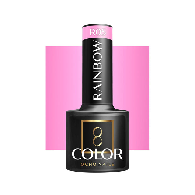 OCHO NAILS Hybrid nail polish in rainbow R05, 5g, showing vibrant multicolor nail polish in a sleek bottle.