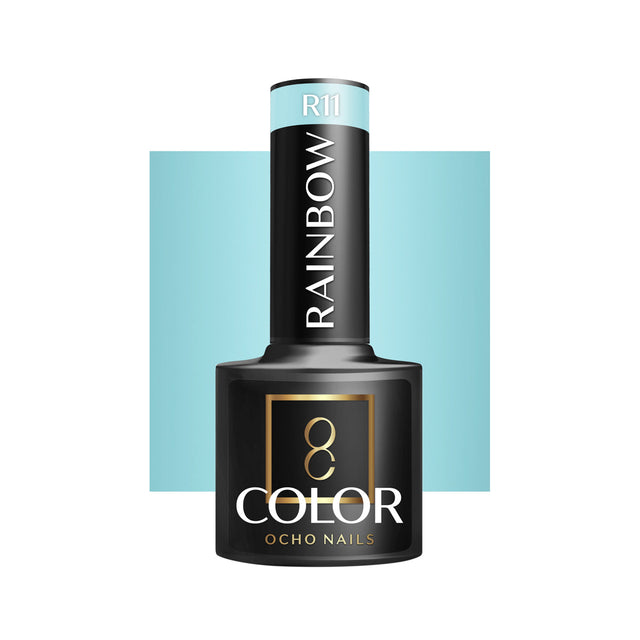 OCHO NAILS Hybrid nail polish Rainbow R11 in a 5g bottle, showcasing vibrant rainbow-colored nail polish on a white background.