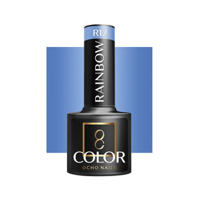 OCHO NAILS Hybrid nail polish rainbow R12 in 5g, showing vibrant rainbow-colored gel nail polish on a smooth surface.