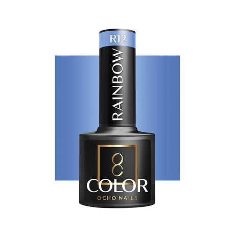 OCHO NAILS Hybrid nail polish rainbow R12 in 5g, showing vibrant rainbow-colored gel nail polish on a smooth surface.