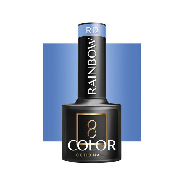 OCHO NAILS Hybrid nail polish rainbow R12 in 5g, showing vibrant rainbow-colored gel nail polish on a smooth surface.