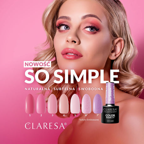 CLARESA Hybrid Polish So Simple 1-5g container with pastel pink nail polish, glossy finish, compact size for easy application.
