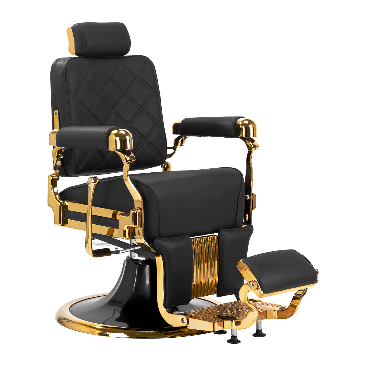 Gabbiano Leonardo gold and black barber chair with padded seat and backrest, armrests, and adjustable footrest for barbershop use.