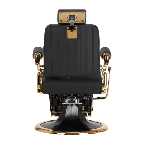 Black barber chair Gabbiano Leonardo Gold with plush upholstery and adjustable features, designed for professional barbershops.