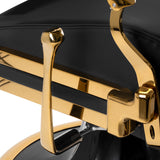 Gabbiano Leonardo Gold black barber chair with cushioned seat and backrest, adjustable armrests, suitable for barbershop furniture.