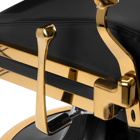 Gabbiano Leonardo Gold black barber chair with cushioned seat and backrest, adjustable armrests, suitable for barbershop furniture.