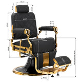 Black Gabbiano Leonardo Gold barber chair with padded seat and backrest, adjustable armrests, and chrome base for barbershop use.
