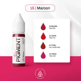Maroon pigment 15ml bottle by The Pigment, featuring rich maroon color in a clear glass container on a white background.