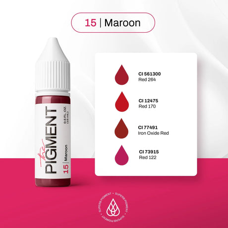 Maroon pigment 15ml bottle by The Pigment, featuring rich maroon color in a clear glass container on a white background.