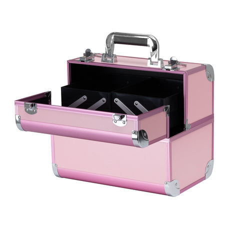 Pink cosmetic case by ACTIVESHOP with multiple compartments for organizing makeup and beauty essentials.