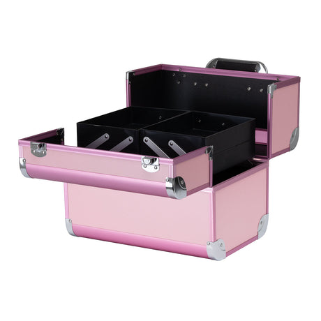 Pink ACTIVESHOP cosmetic case with multiple compartments, featuring a sleek design and zipper closure for travel and organization.