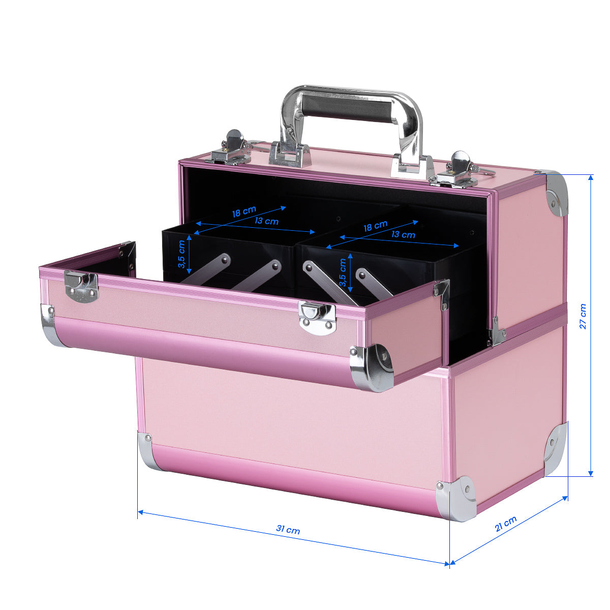 Pink cosmetic case by ACTIVESHOP with multiple compartments for organizing makeup and beauty essentials.